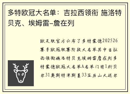 多特欧冠大名单：吉拉西领衔 施洛特贝克、埃姆雷-詹在列
